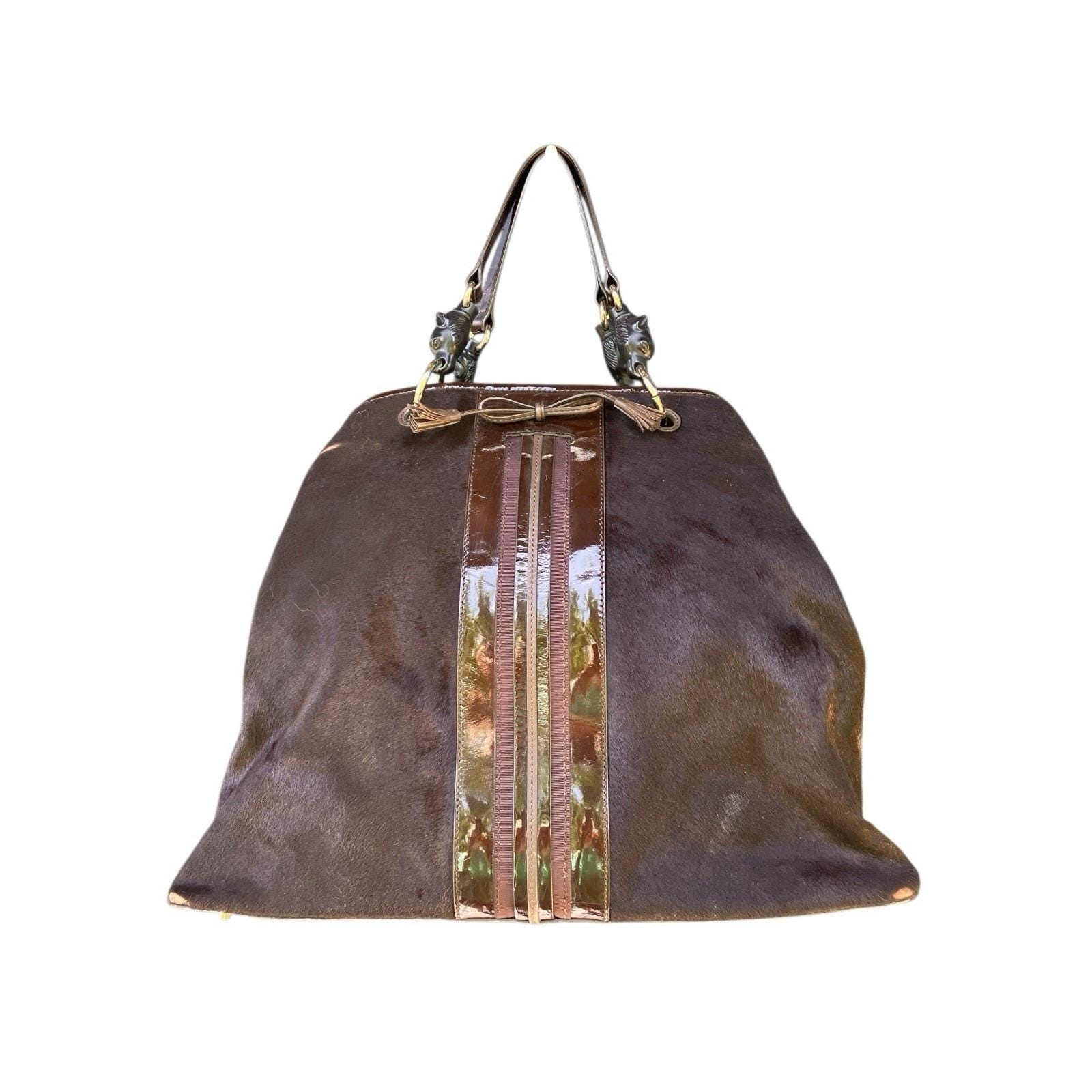 Archival Anya Hindmarch Pony Hair Panther Head Tote Bag Vintage Brown Bow Y2k